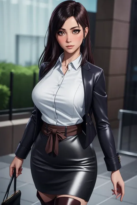 masterpiece,best quality,bold colors,vivid coloring,Rich pigmentation,Vibrant and dynamic tones,Striking hues, absurdres, illustration, 8k,perfect lighting,hdr,realistic, ultra-realistic, cowboy shot, Photo realistic,(hyperrealistic:1)textured skin,shiny skin,skindentation, beautiful body, (blush:1.2) mature woman, milf, black hair, brown eyes, long hair,(wearing  collared shirt,cropped jacket, business suit,pencil skirt, skirt, brown boots, boots, leather boots) (hourglass body, thin waist,very slim waist)extremely detailed face,detailed eye makeup, detail face, nice detailed eyes,nice hands, perfect hands <lora:Honjou_Yuri_LoRA:.80> <lora:beautifulDetailedEyes_v10:0.50> (realistic pupils,realistic iris:1) heavy eye makeup<lora:add_detail:.50> <lyco:GoodHands-beta2:.90> <lora:ryanreos-lora-v1-32dim-3ep-naivae:.40>  (standing at attention)