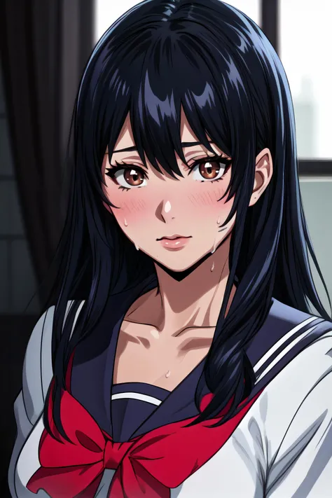 (Highres), (Detailed Illustration), Ultra-Detailed, Ambient Light, Backlighting, Realistic Shadows, Glowing Particles, Light Particles, Digital Art, Soft Light, Soft Lighting, Reflections, Detailed Face, (Detailed Hair:1.2), Dim Lighting, Indirect Lighting, Reflections, Detailed Face, (Detailed Hair:1.2), (masterpiece:1.4), (best quality:1.4), (Beautiful Breasts:1.4), (beautiful face:1.4),
(1girl:1.4),
upper body, cowboy shot, (sweat on the body:1.2), (collarbone:1.3),
(black hair:1.2), blue sailor collar, bow, (brown eyes:1.2), closed mouth, long hair, long sleeves, red bow, sailor collar, school uniform, (serafuku:1.2), belt,
<lora:Honjou_Yuri_LoRA:0.8>,
<lora:more_details:0.5>,