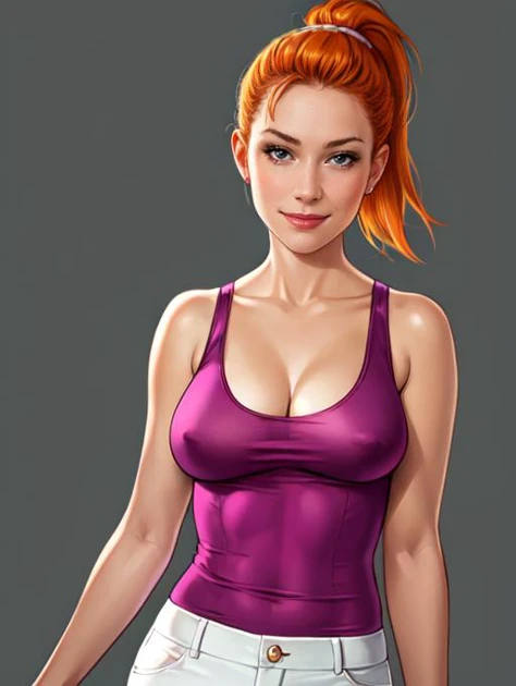 <lora:summer2:0.4>,solo,(orange hair,ponytail:1.1) BREAK
(pink tank top shirt:1.1) BREAK
white pants BREAK
(revealing cleavage:1.1),exposed medium breasts,covered nipples BREAK
(ambient lighting:1.1)(ultra realistic,32k,RAW photo:1.1),(high detailed skin:1.1),8k uhd,dslr BREAK
high quality,film grain,(shiny glossy translucent clothing:1.1) BREAK
looking at viewer seductively,flirty smile,naughty face,nsfw,full shot,simple background,insanely detailed,best quality,masterpiece,(photorealistic:1.2),