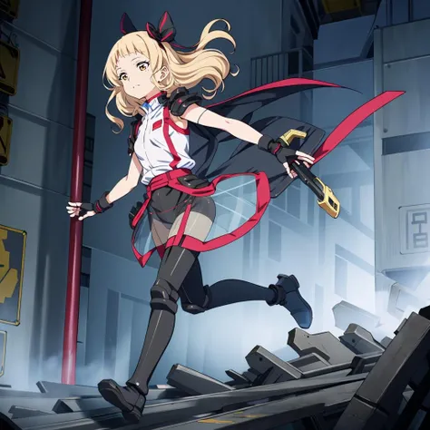 masterpiece,high quality,solo,
<lora:Horice001:0.7>,
Horice,1loli,
medium hair,blonde hair,brown eyes,
hair bow,
black bodysuit,shoulder armor,white coat,
fingerless gloves,
(see-through skirt:1.2),
thigh boots,running,