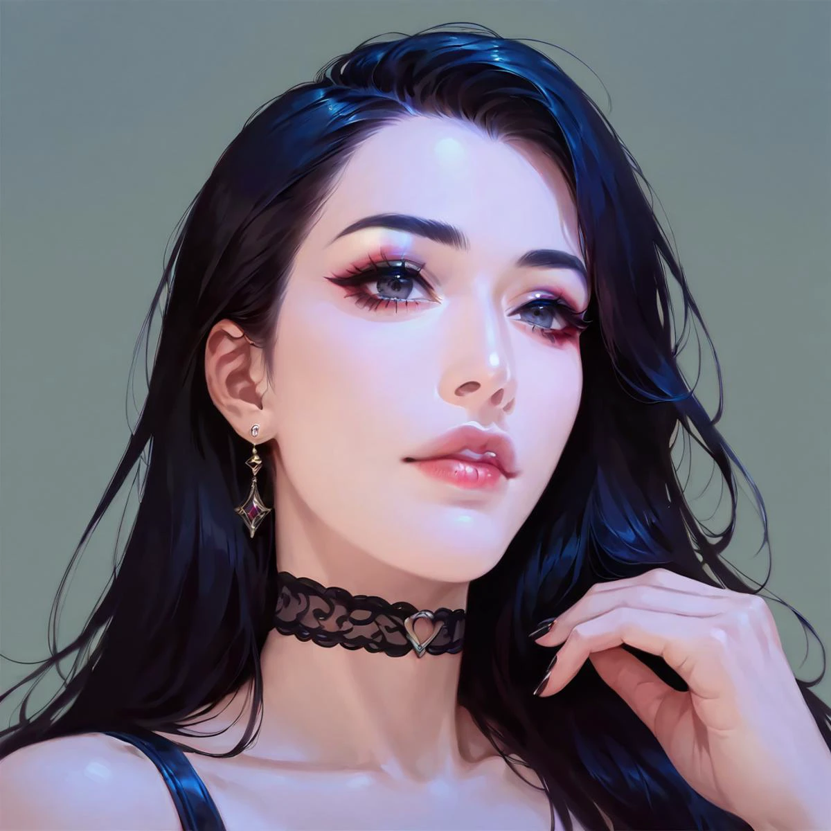 <lora:face001_pony:0.8>,
score_9,score_8_up,score_7,face001,1girl,solo,choker,black hair,parted lips,bangs,simple background,makeup,lips,closed mouth,