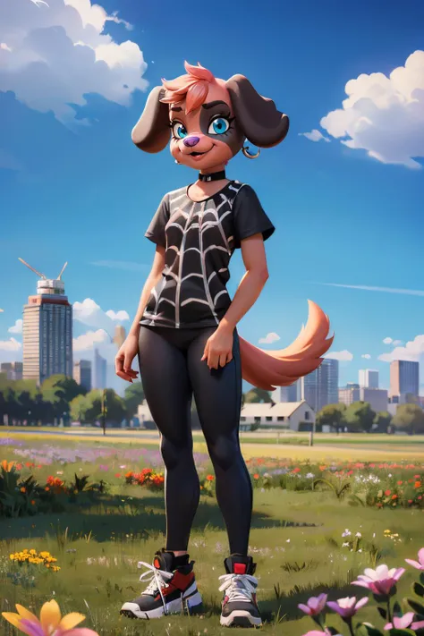 cherry, furry, dog, spider-web tee, black leggings, red fur,black ears,ear piercings, choker, purple nose, paws, looking at viewer, smiling, full body shot, standing, outside, field, flowers, house, cityscape, blue sky, high quality, masterpiece, <lora:Cherry:.8>