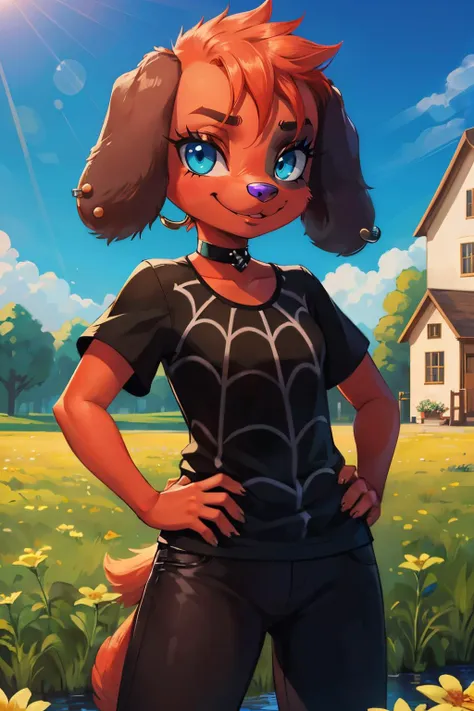 cherry, furry, dog, spider-web tee, red fur,black ears,ear piercings, choker, purple nose, paws, tail, looking at viewer, serious, smiling, medium shot, standing, hands on hips, outside, field, flowers, river, house, blue sky, high quality, masterpiece, <lora:Cherry:.8>