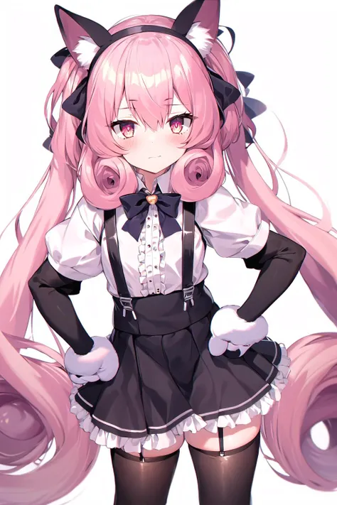 1girl, animal_ears, animal_hands, black_legwear, black_skirt, bow, closed_mouth, frills, hairband, hand_on_hip, looking_at_viewer, paw_gloves,puffy_short_sleeves, puffy_sleeves, shirt, skirt, solo, suspender_skirt, suspenders, tail, very_long_hair, white_background, white_shirt, nnk
<lora:nnk1:0.8>