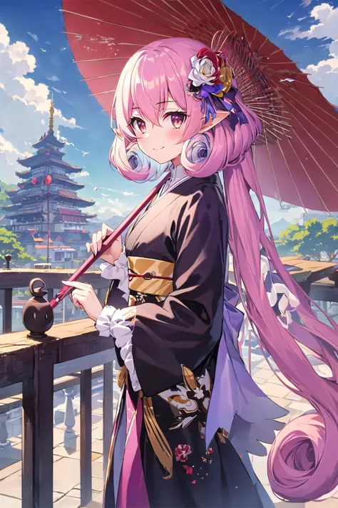 1girl, architecture, blue_sky, blue_umbrella, bridge, building, castle, city, closed_mouth, cloud, cloudy_sky, day, east_asian_architecture, flower, holding, holding_umbrella, long_sleeves, looking_at_viewer, oil-paper_umbrella, outdoors, pagoda, parasol, pink_umbrella, pointy_ears, purple_umbrella, red_umbrella, sky, smile, solo, town, umbrella, very_long_hair, zhengyuennk
<lora:nnk1:0.8:JS>