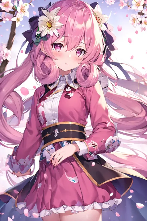 cherry_blossoms, flower, petals, 1girl, falling_petals, pink_flower, spring_\(season\), branch, white_flower, solo, long_hair, petals_on_liquid, bow, long_sleeves, skirt, shirt, bangs, wind, floating_hair, lily_\(flower\), breasts, daisy, looking_at_viewer, pink_shirt, pink clothes,medium_breasts
<lora:nnk1:0.8>