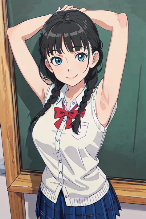 <lyco:GalkoF:0.4>
(best quality, masterpiece, RAW photo,ultra-detailed:1.2), <lyco:GoodHands-beta2:1.0>,1girl,solo,looking at viewer, slight smile,
long_hair, smile, bangs, blue_eyes, black_hair, green_eyes, braid, twin_braids,large breasts,
mini skirt, school unifrom,cowboy shot, show armpit, from above,kissing,
