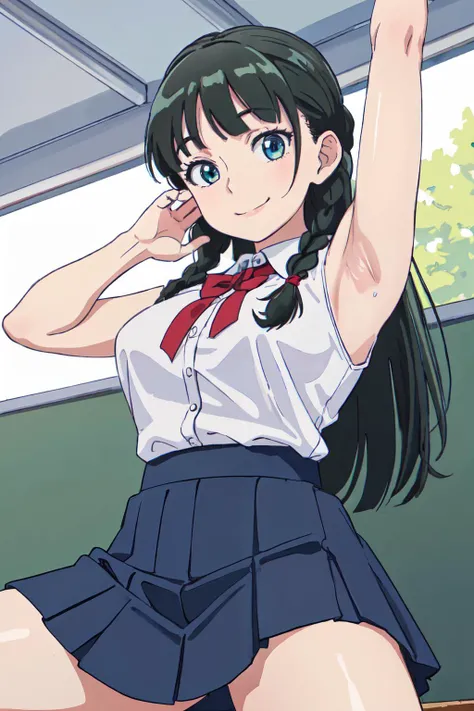 <lyco:GalkoF:0.4>
(best quality, masterpiece, RAW photo,ultra-detailed:1.2), <lyco:GoodHands-beta2:1.0>,1girl,solo,looking at viewer, slight smile,
long_hair, smile, bangs, blue_eyes, black_hair, green_eyes, braid, twin_braids,large breasts,
mini skirt, school unifrom,cowboy shot, show armpit, from below, spread legs,
