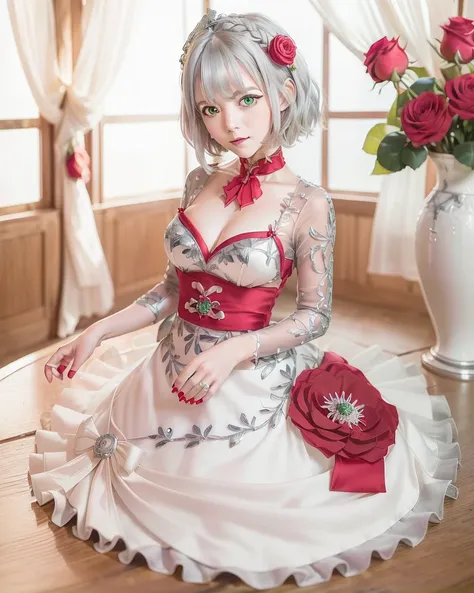 best quality,highly detailed,masterpiece,ultra-detailed,solo,(1girl),(Delicate eyes),(full body),noelle_\(genshin_impact\), 1girl,(green_eyes:1.2//),silver hair, short_hair, medium_breasts, rose, red_flower,(china dress:1.2), red_rose, hair_flower,upper body, happy