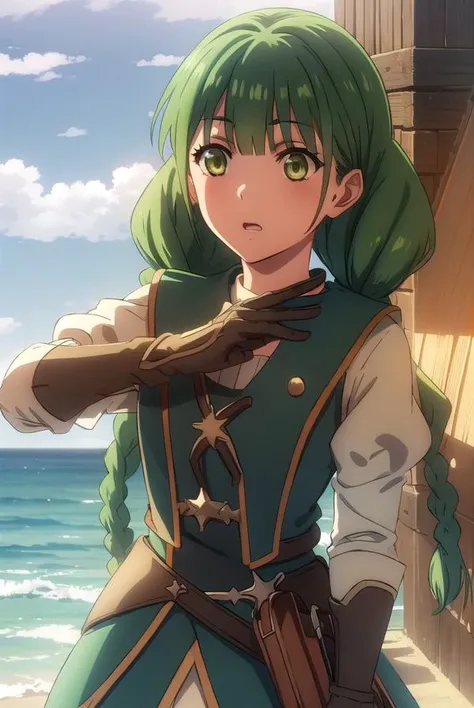 rishiaivyred, <lora:rishia ivyred s3-lora-nochekaiser:1>,
rishia ivyred, long hair, bow, (green eyes:1.3), braid, hair bow, green hair, twin braids,
BREAK gloves, dress, brown gloves, green dress, skirt, white skirt, puffy sleeves,
BREAK outdoors, forest, nature, sun, sky, trees, clouds, grass,
BREAK looking at viewer, (cowboy shot:1.5),
BREAK <lyco:GoodHands-beta2:1>, (masterpiece:1.2), best quality, high resolution, unity 8k wallpaper, (illustration:0.8), (beautiful detailed eyes:1.6), extremely detailed face, perfect lighting, extremely detailed CG, (perfect hands, perfect anatomy),