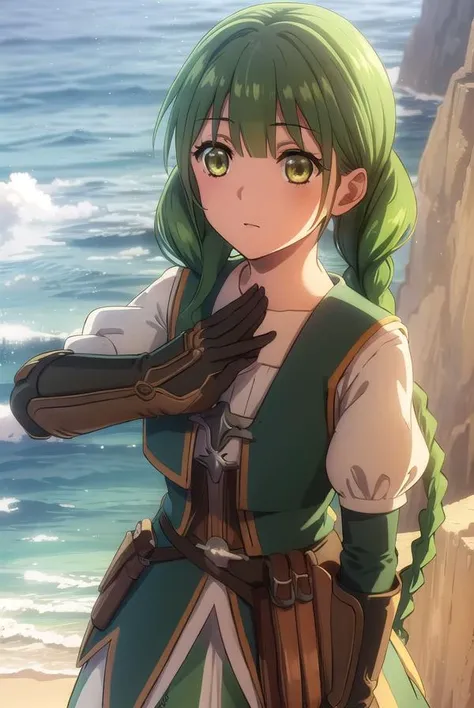 rishiaivyred, <lora:rishia ivyred s3-lora-nochekaiser:1>,
rishia ivyred, long hair, bow, (green eyes:1.3), braid, hair bow, green hair, twin braids,
BREAK gloves, dress, brown gloves, green dress, skirt, white skirt, puffy sleeves,
BREAK outdoors, forest, nature, sun, sky, trees, clouds, grass,
BREAK looking at viewer, (cowboy shot:1.5),
BREAK <lyco:GoodHands-beta2:1>, (masterpiece:1.2), best quality, high resolution, unity 8k wallpaper, (illustration:0.8), (beautiful detailed eyes:1.6), extremely detailed face, perfect lighting, extremely detailed CG, (perfect hands, perfect anatomy),