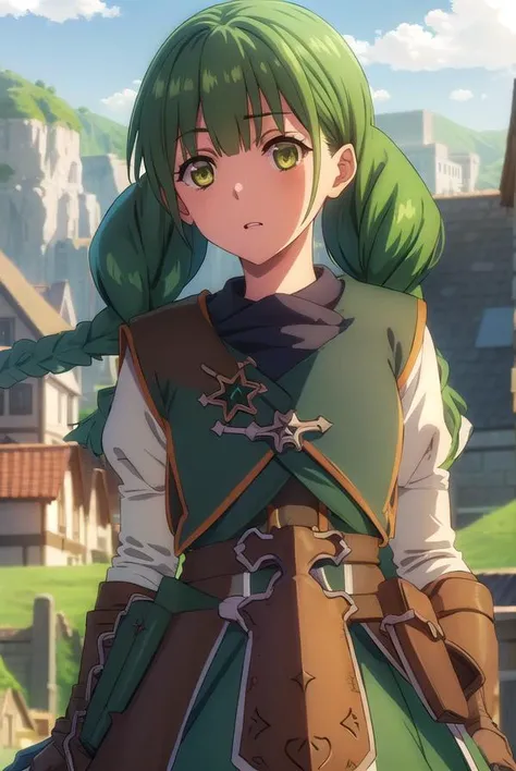 rishiaivyred, <lora:rishia ivyred s3-lora-nochekaiser:1>,
rishia ivyred, long hair, bow, (green eyes:1.3), braid, hair bow, green hair, twin braids,
BREAK gloves, dress, brown gloves, green dress, skirt, white skirt, puffy sleeves,
BREAK outdoors, forest, nature, sun, sky, trees, clouds, grass,
BREAK looking at viewer, (cowboy shot:1.5),
BREAK <lyco:GoodHands-beta2:1>, (masterpiece:1.2), best quality, high resolution, unity 8k wallpaper, (illustration:0.8), (beautiful detailed eyes:1.6), extremely detailed face, perfect lighting, extremely detailed CG, (perfect hands, perfect anatomy),