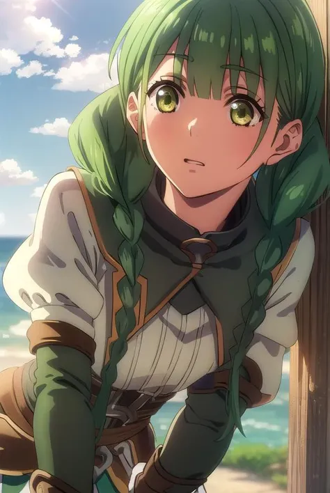 rishiaivyred, <lora:rishia ivyred s3-lora-nochekaiser:1>,
rishia ivyred, long hair, bow, (green eyes:1.3), braid, hair bow, green hair, twin braids,
BREAK gloves, dress, brown gloves, green dress, skirt, white skirt, puffy sleeves,
BREAK outdoors, forest, nature, sun, sky, trees, clouds, grass,
BREAK looking at viewer, (cowboy shot:1.5),
BREAK <lyco:GoodHands-beta2:1>, (masterpiece:1.2), best quality, high resolution, unity 8k wallpaper, (illustration:0.8), (beautiful detailed eyes:1.6), extremely detailed face, perfect lighting, extremely detailed CG, (perfect hands, perfect anatomy),