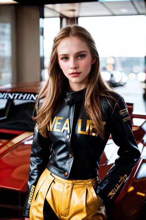 tv_Daria_MXAI, , , wearing a full race-car driver suit, standing next to a race-car, winking expression,, 8k resolution, highres, high detail, sharp focus, detailed skin, 8k uhd, bokeh, analog photography