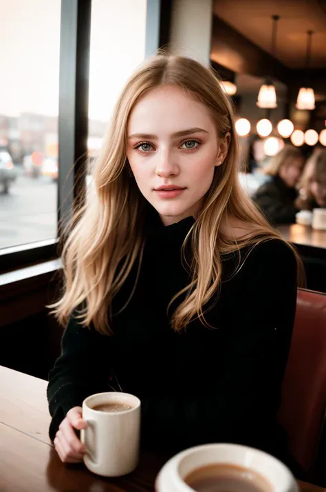 tv_Daria_MXAI, , , wearing a cozy knitted sweater, sitting in a café, holding a steaming mug with both hands, happy expression,, 8k resolution, highres, high detail, sharp focus, detailed skin, 8k uhd, bokeh, analog photography