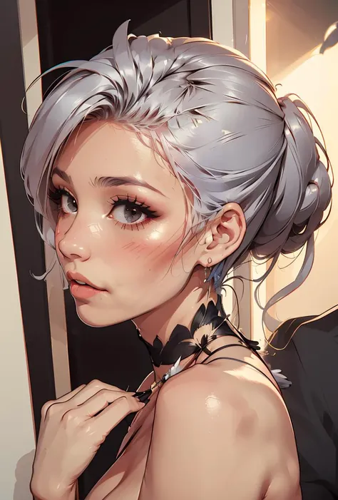 (masterpiece, best quality), 1girl, Platinum Gray Mohawk Updo with Feather Hairpin, flat chest, <lora:caisan:0.8>