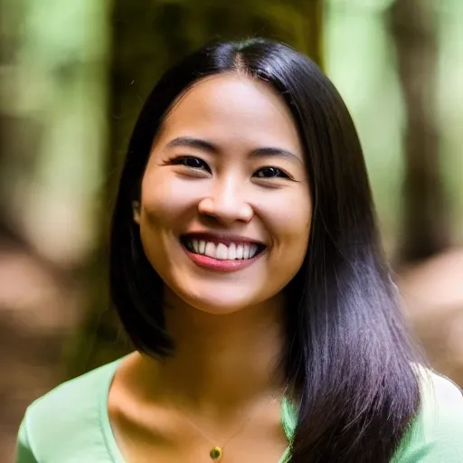 woman smiling at you in the forest, perfect smile, simetric face, background focus, perfeect eyes, simetric eyes, perfect teeth, pretty lips, insane detailed, full resolution, 8k, 50-mm-lens, photorealistic, perfect mouth