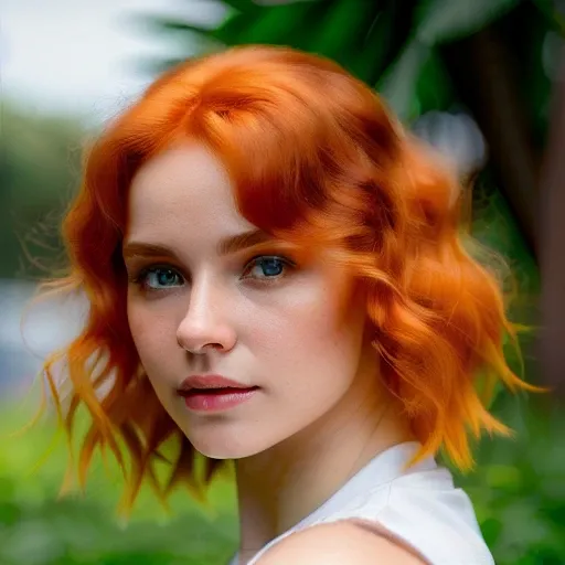(((beautiful woman))) with the most beautiful face, with the most perfect eyes, wearing a beautiful white shirt, jacket, (spectacular well detailed orange hair), (portrait) ((by Albert Bierstadt and Greg rutkowski)), artstation trend, epic concept art, ((beautiful vibrant and vivid colors)), 8k, hdr, perfect lighting, Bokeh, perfect facial features