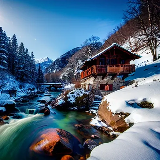 house in a mountain, river big, rocks with snow, sharp focus, insane detailed, 8k. 50-mm-lens