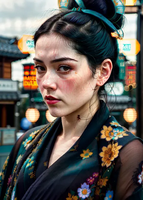 photo of black haired (DaphneDimakos:0.8), wearing (WhiteSmoke kimono:1.3), high quality, masterpiece, 8K HDR, bokeh, sharp focus on subject, shadows, backlight, depth of field