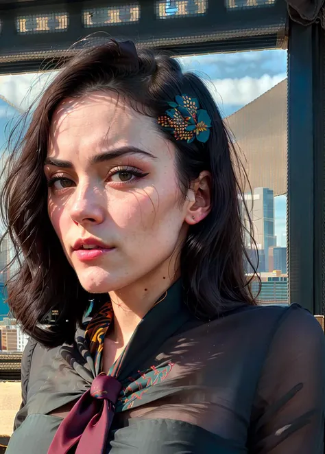 photo of black haired (DaphneDimakos:0.8), wearing (jade tie-front blouse:1.3), high quality, masterpiece, 8K HDR, bokeh, sharp focus on subject