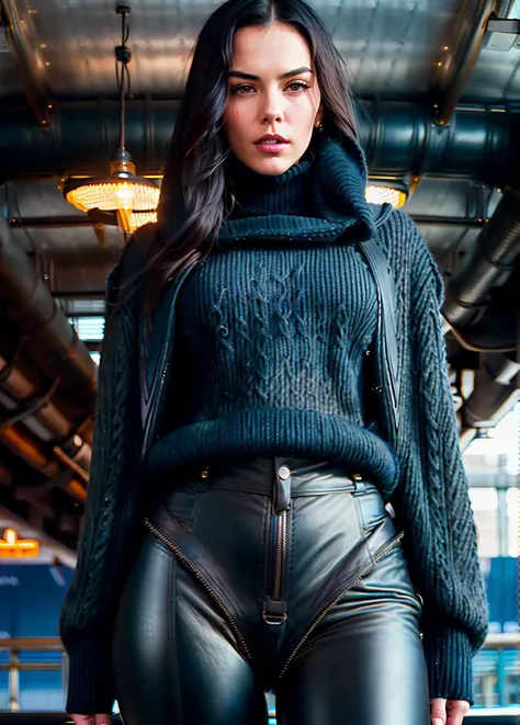 photo of black haired (DaphneDimakos:0.8), wearing (steelblue cowl neck sweater:1.3) and (leather pants:1.3), high quality, masterpiece, 8K HDR, bokeh, sharp focus on subject