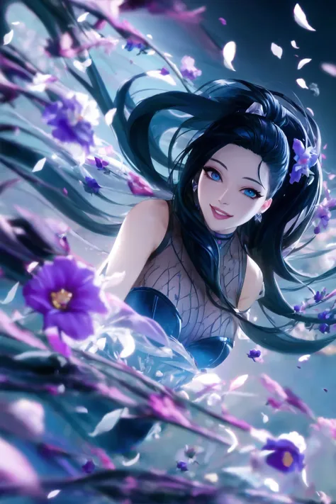 (very detailed background:1.0), (highly detailed background:1.0), masterpiece, (k/da all out kai'sa), league of legends, k/da \(league of legends\), (1girl), solo, (happy), ponytail, black hair, open arms, flower field, flowers:2, motion blur, roses, (summer:1.2), chromatic aberration, depth of field, soft lighting, highly detailed face, highly detailed eyes, smile, (flower pettals falling)