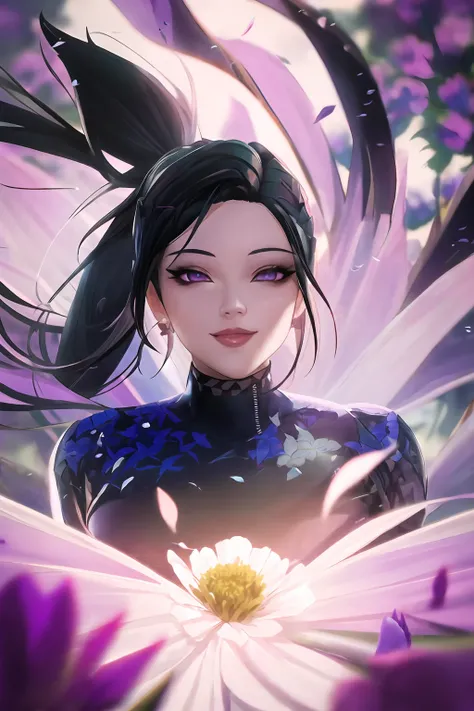 (very detailed background:1.0), (highly detailed background:1.0), masterpiece, (k/da all out kai'sa), league of legends, k/da \(league of legends\), (1girl), solo, (happy), ponytail, black hair, open arms, flower field, flowers:2, motion blur, roses, (summer:1.2), chromatic aberration, depth of field, soft lighting, highly detailed face, highly detailed eyes, smile, (flower pettals falling)