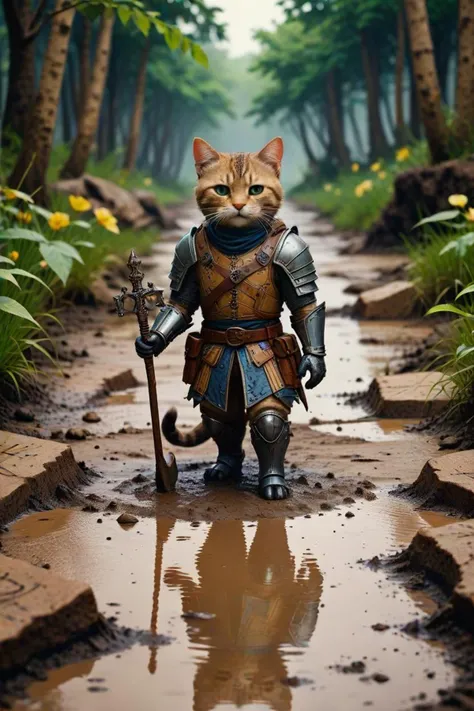 a armored cat and marauders map in a stuck in mud in the style of rpg style, very sweet, <lora:sdxl_lightning_8step_lora.safetensors:1>