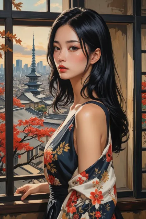 a window and shoulder length black hair in a tokyo inspired in the style of elegant oil painting, haluzinogetic, <lora:sdxl_lightning_8step_lora.safetensors:0.6>