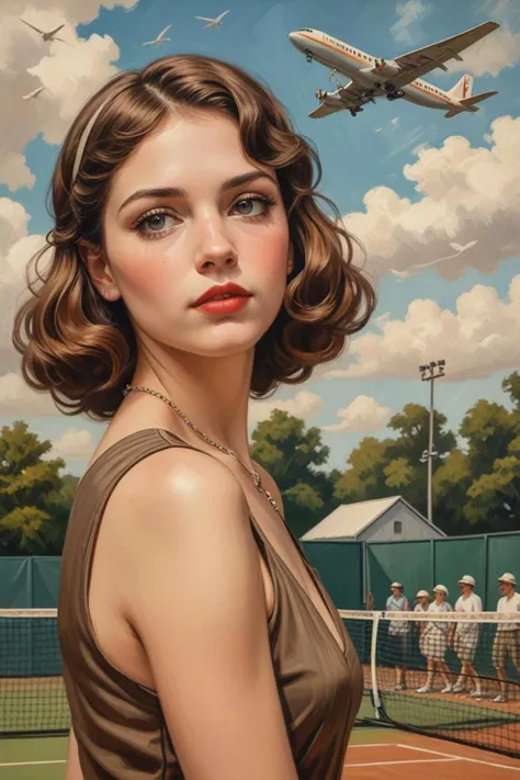 a up face with 1920 s hairstyle and airplane in a tennis court in the style of oil painting!!!, profuse, <lora:sdxl_lightning_8step_lora.safetensors:0.6>, <lora:add-detail-xl.safetensors:1>