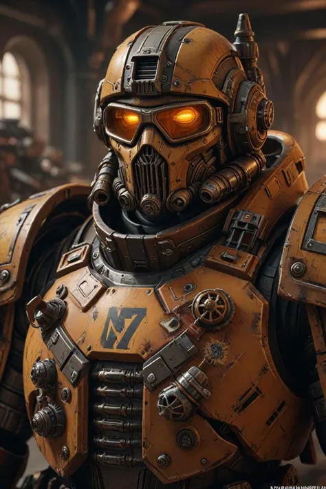 a amber glasses and n 7 armor in a warhammer 40k setting in the style of lifelike, english text, <lora:sdxl_lightning_8step_lora.safetensors:1>