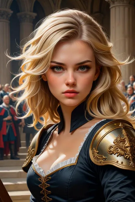 a photo of head and brunette with dyed blonde hair in a grand battle in the style of court sketch art, on artstastion, <lora:sdxl_lightning_8step_lora.safetensors:1>