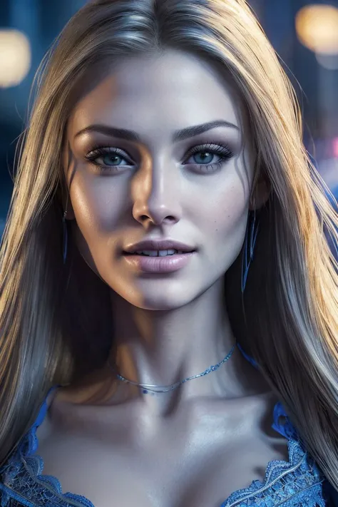 a photo of S066_AlenaShishkova, a beautiful woman, in the (city), wearing a (blue-shirt), (smiling), (midnight:1.1), (8k, RAW photo, best quality, ultra high res, depth of field:1.2), (absurdres, intricate, photorealistic, masterpiece, ultra-detailed, Unreal Engine:1.3)