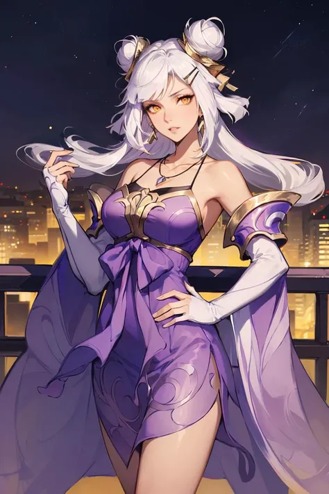 WZRYchangeYP,1girl,solo,dress,long hair,white hair,bangs,hair ornament,bare shoulders,parted lips,jewelry,orange eyes,ribbon,earrings,necklace,double bun,wide sleeves,<lora:WZRYchangeYP:0.75>,cityscape,night,looking at viewer,mature female,hand on hip,cowboy shot,