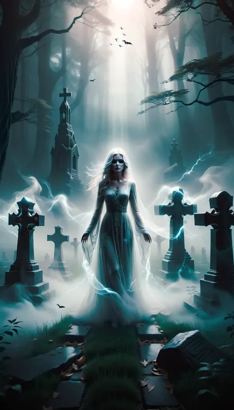 Design a hauntingly beautiful artwork featuring a mist-filled graveyard against an abstract background of light, a ghostlystyle 1girl floating figure, translucent form and ethereal presence, solo, detailed glowing eyes, dark eerie lighting effects casting long shadows across ancient tombstones, emphasize themes of solitude and melancholy and the supernatural to create an atmospheric mood that captures the essence of Halloween, abstract lighting source, trending on ArtStation, showcase its unique blend of styles and themes,
<lora:Randommaxx_dark_offset_v1.1_lora_fp16:0.5> <lora:FaeTastic2:0.4> <lora:SDXLGhostStyle:0.6>