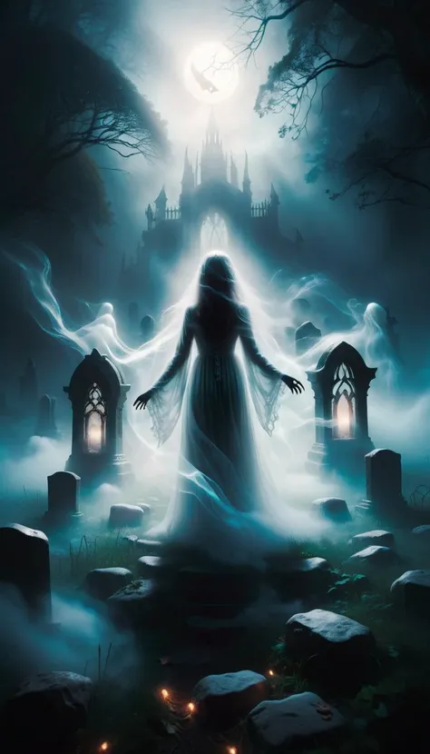 Design a hauntingly beautiful artwork featuring a mist-filled graveyard against an abstract background of light, a ghostlystyle 1girl floating figure, translucent form and ethereal presence, solo, detailed glowing eyes, dark eerie lighting effects casting long shadows across ancient tombstones, emphasize themes of solitude and melancholy and the supernatural to create an atmospheric mood that captures the essence of Halloween, abstract lighting source, trending on ArtStation, showcase its unique blend of styles and themes,
<lora:Randommaxx_dark_offset_v1.1_lora_fp16:0.5> <lora:FaeTastic2:0.4> <lora:SDXLGhostStyle:0.6>