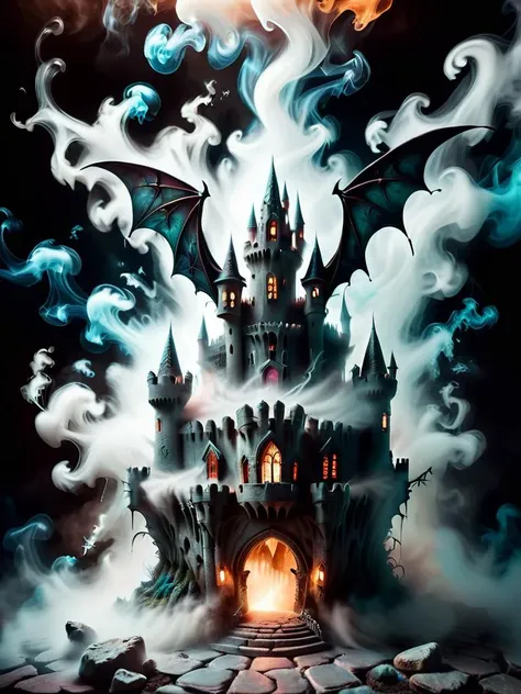 <lora:SDXLGhostStyle:0.55> GhostlyStyle, portrait, digital art of an eerie and disturbing old castle, bats, smoke, Fantastic color background, volumetric light, Dynamic pose, clay motion, stop motion, 8k, extremely detailed, high quality, close up , fantasy horror, highly detailed, ghostly wings, symmetrical, <lora:ZombiePortraitXL_v1:0.6>, <lora:FaeTastic:0.5>