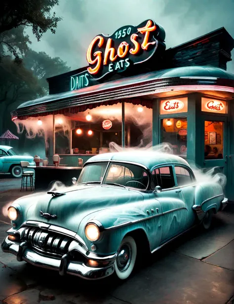 <lora:SDXLGhostStyle:1> GhostlyStyle, a haunted 1950s car, sitting outside a diner called GHOST EATS