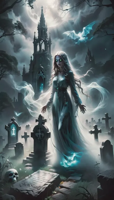 Design a hauntingly beautiful artwork featuring a mist-filled graveyard against an abstract background of light, a ghostlystyle 1girl floating figure, translucent form and ethereal presence, solo, detailed glowing eyes, dark eerie lighting effects casting long shadows across ancient tombstones, emphasize themes of solitude and melancholy and the supernatural to create an atmospheric mood that captures the essence of Halloween, abstract lighting source, trending on ArtStation, showcase its unique blend of styles and themes,
<lora:Randommaxx_dark_offset_v1.1_lora_fp16:0.5> <lora:FaeTastic2:0.4> <lora:SDXLGhostStyle:0.6>