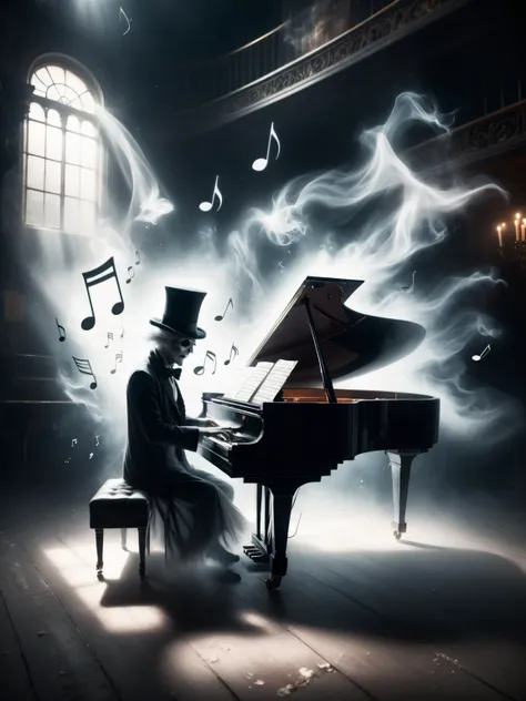 <lora:SDXLGhostStyle:0.8> GhostlyStyle,
ethereal fantasy concept art, spectral musician playing a piano, top hat, ragged cloths, featureless face, side view, ghostly musical notes floating in the air, sunrays, sunbeam,
abandoned opera stage backdrop, haunted vibe, off-center, by Dever
