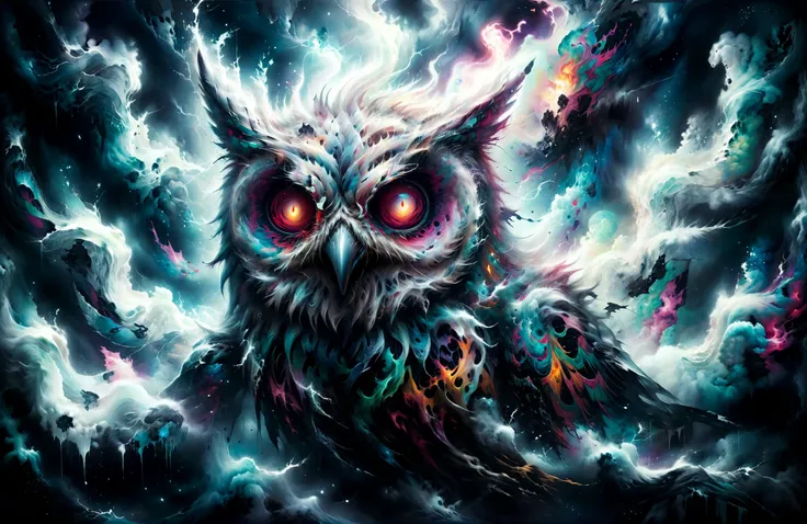 horror-themed psychedelic style Watercolor style painting, Surrealism, An abstract painting of a mystical owl that captures the tumultuous interplay of emotions, with a central vortex of dark colors, representing a (storm of thought:1.5), <lora:xl_more_art-full_v1:0.8> <lora:SDXLGhostStyle:0.4> GhostlyStyle <lora:Horror_Pokémon-000010:0.75>, expressive, dramatic, organic lines and forms, dreamlike and mysterious, Surrealism, visible paper texture, colorwash, watercolor . vibrant colors, swirling patterns, abstract forms, surreal, trippy . eerie, unsettling, dark, spooky, suspenseful, grim, highly detailed
