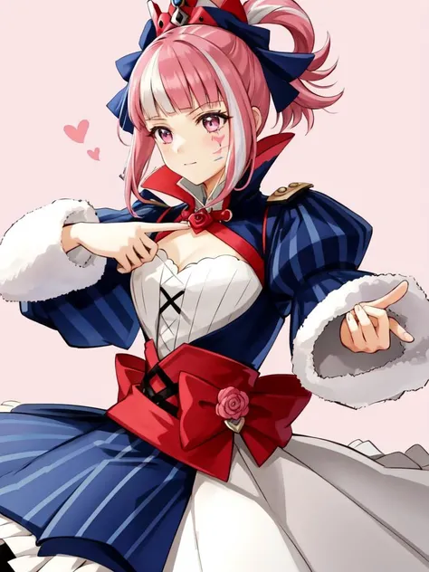 Hortensia, Hortensia \(Fire Emblem\), Hortensia \(Fire Emblem: Engage\), 1girl, solo, pink hair, white background, hair rings, heart, puffy sleeves, long sleeves, flower, juliet sleeves, simple background, pink eyes, upper body, bangs, profile, rose, dress, purple eyes, multicolored hair, crown, facial mark, closed mouth