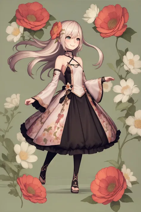 full body, solo, 1girl, looking away, smile, blush, small breasts, dim light, Adam's-needle \(flower\), floral background <lora:nidy-2d-_style_v02:1>