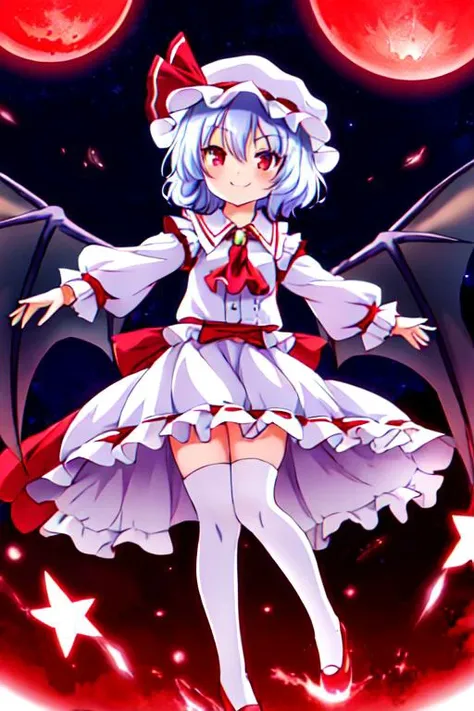masterpiece, best quality,ultra detail,<lora:GoodHands-vanilla:0.8> <lora:anmnr01:0.3> <lora:add_detail:0.5>, remilia_scarlet_touhou <lora:remilia_scarlet_touhou:0.7>,shiny eyes,shiny hair,star effect,evil smile,stylish angle, fang,red moon night,white clothes,open arms,starburst effect,from below,fullbody shot