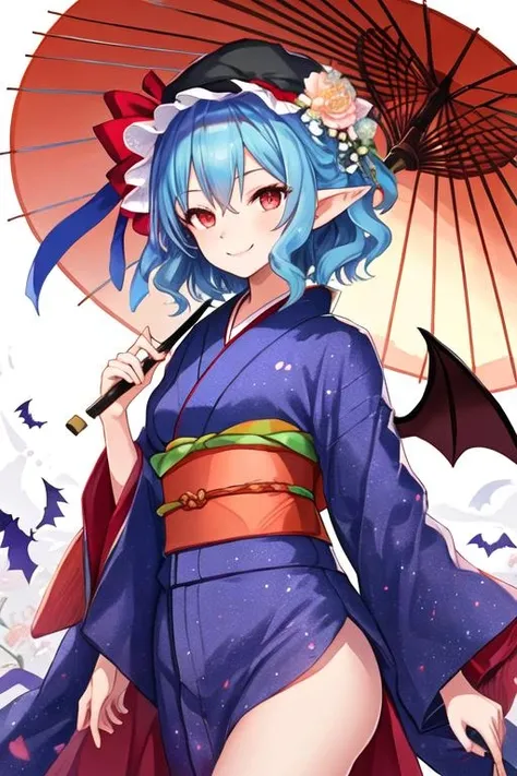best quality, masterpiece, highres, solo, {remilia_scarlet_touhou:1.15}, red_eyes, short_hair, bat_wings, wings, ribbon, hat, blue_hair, mob_cap, hair_between_eyes, hat_ribbon, bangs, smile, upper_body, red_ribbon, 1girl, alternate_costume, floral_print, japanese_clothes, kimono, looking_at_viewer, pointy_ears, alternate_hairstyle, oil-paper_umbrella, umbrella