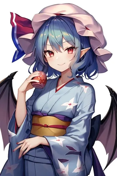 best quality, masterpiece, highres, 1girl, solo, {yukata:1.40}, {kimono:1.20}, {remilia_scarlet_touhou:1.15}, red_eyes, short_hair, bat_wings, wings, ribbon, hat, blue_hair, mob_cap, hair_between_eyes, hat_ribbon, bangs, smile, red_ribbon