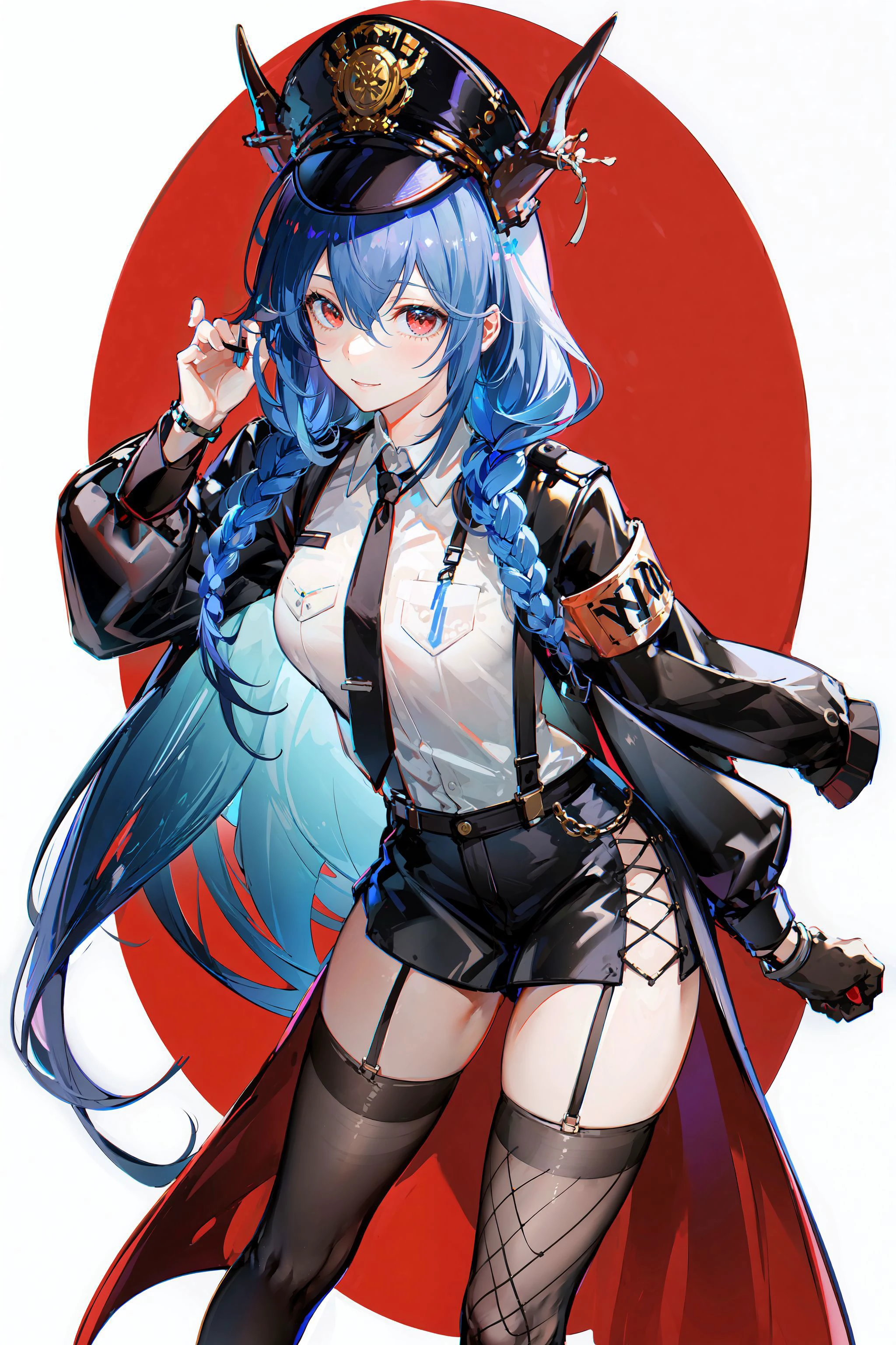 ,(Masterpiece:1.2, high quality), (pixiv:1.4),AGM,
1girl, solo, handcuffs, fishnets, thighhighs, hat, breasts, braid, cuffs, garter straps, black hair, necktie, long hair, twin braids, shirt, white shirt, horns, looking at viewer, fishnet thighhighs, skirt, long sleeves, heart, red eyes, dragon horns, black headwear, tail, hair ornament, large breasts, leaning forward, black necktie, two-tone background, hand on own thigh, red background, cowboy shot, collared shirt, bangs, closed mouth, police hat, black skirt, suspenders, holding, police uniform, police, dragon girl, dragon tail, shorts, ch'en (arknights), twintails, thighs, uniform, policewoman, hair between eyes, smile, white background, miniskirt, armband, flower, see-through <lora:AGM:0.8>