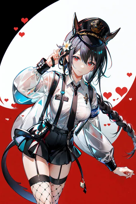 ,(Masterpiece:1.2, high quality), (pixiv:1.4),AGM,
1girl, solo, handcuffs, fishnets, thighhighs, hat, breasts, braid, cuffs, garter straps, black hair, necktie, long hair, twin braids, shirt, white shirt, horns, looking at viewer, fishnet thighhighs, skirt, long sleeves, heart, red eyes, dragon horns, black headwear, tail, hair ornament, large breasts, leaning forward, black necktie, two-tone background, hand on own thigh, red background, cowboy shot, collared shirt, bangs, closed mouth, police hat, black skirt, suspenders, holding, police uniform, police, dragon girl, dragon tail, shorts, ch'en (arknights), twintails, thighs, uniform, policewoman, hair between eyes, smile, white background, miniskirt, armband, flower, see-through  <lora:AGM:0.8>