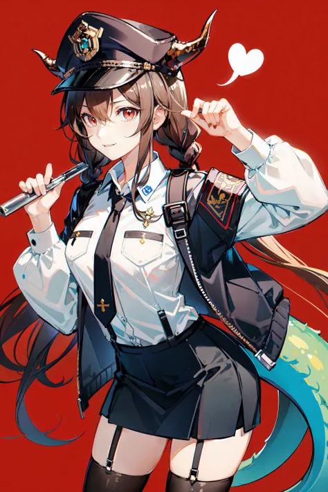,(Masterpiece:1.2, high quality), (pixiv:1.4),AGM,
1girl, solo, handcuffs, fishnets, thighhighs, hat, breasts, braid, cuffs, garter straps, black hair, necktie, long hair, twin braids, shirt, white shirt, horns, looking at viewer, fishnet thighhighs, skirt, long sleeves, heart, red eyes, dragon horns, black headwear, tail, hair ornament, large breasts, leaning forward, black necktie, two-tone background, hand on own thigh, red background, cowboy shot, collared shirt, bangs, closed mouth, police hat, black skirt, suspenders, holding, police uniform, police, dragon girl, dragon tail, shorts, ch'en (arknights), twintails, thighs, uniform, policewoman, hair between eyes, smile, white background, miniskirt, armband, flower, see-through  <lora:AGM:0.8>